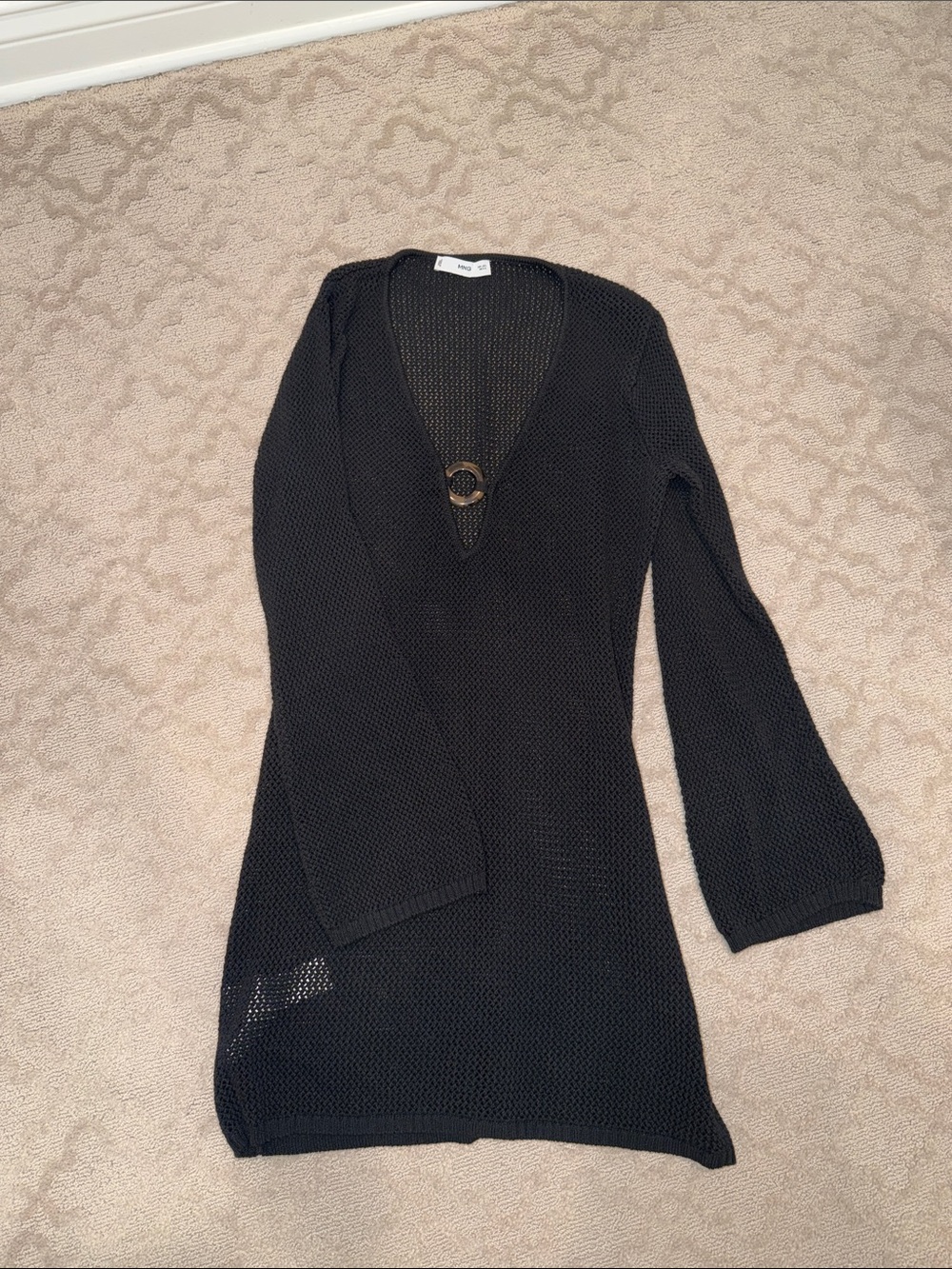 Mango black deep v neck ring crochet bikini cover up size large oversized